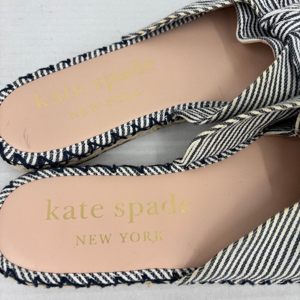Kate Spade Slide Sandals Size 8 Blue Stripe Saltie Shore Espadrille Flat Bow - Picture 9 of 13
